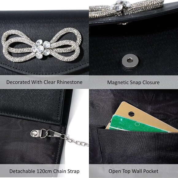Women Black Shiny Crystal Bow Flap Clutch Wedding Party Handbag - Picture 7 of 9